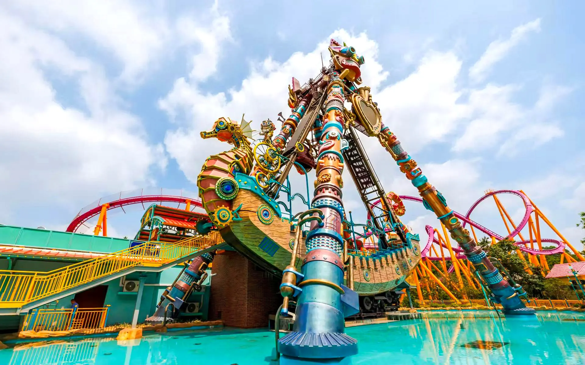 Colorful pirate ship ride at Chimelong Paradise theme park.