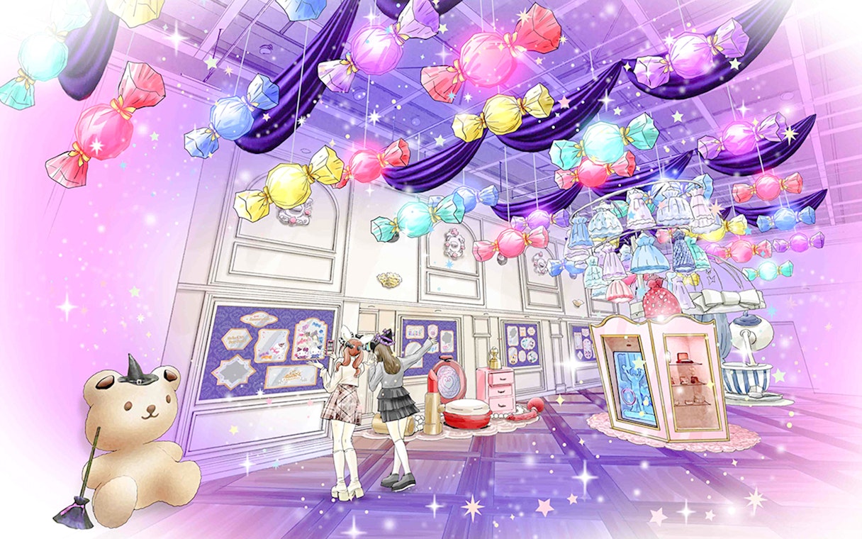 Halloween characters in colorful costumes at Sanrio Puroland with candy decorations.