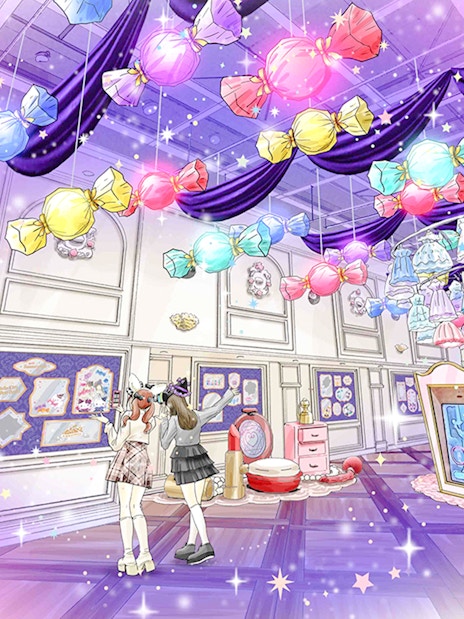 Halloween characters in colorful costumes at Sanrio Puroland with candy decorations.