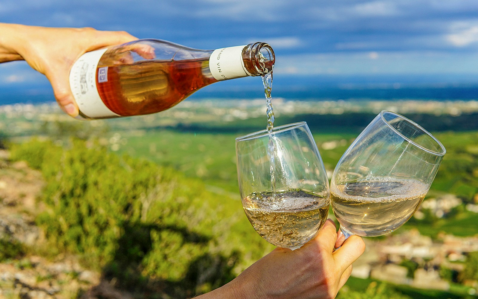 Pouring wine into glasses with Napa Valley landscape in the background.