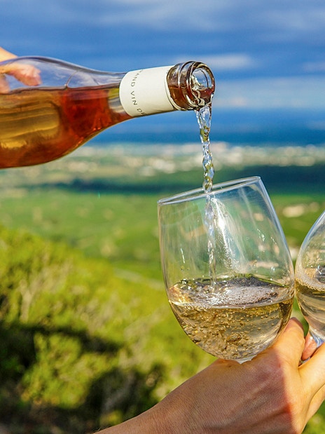 Pouring wine into glasses with Napa Valley landscape in the background.