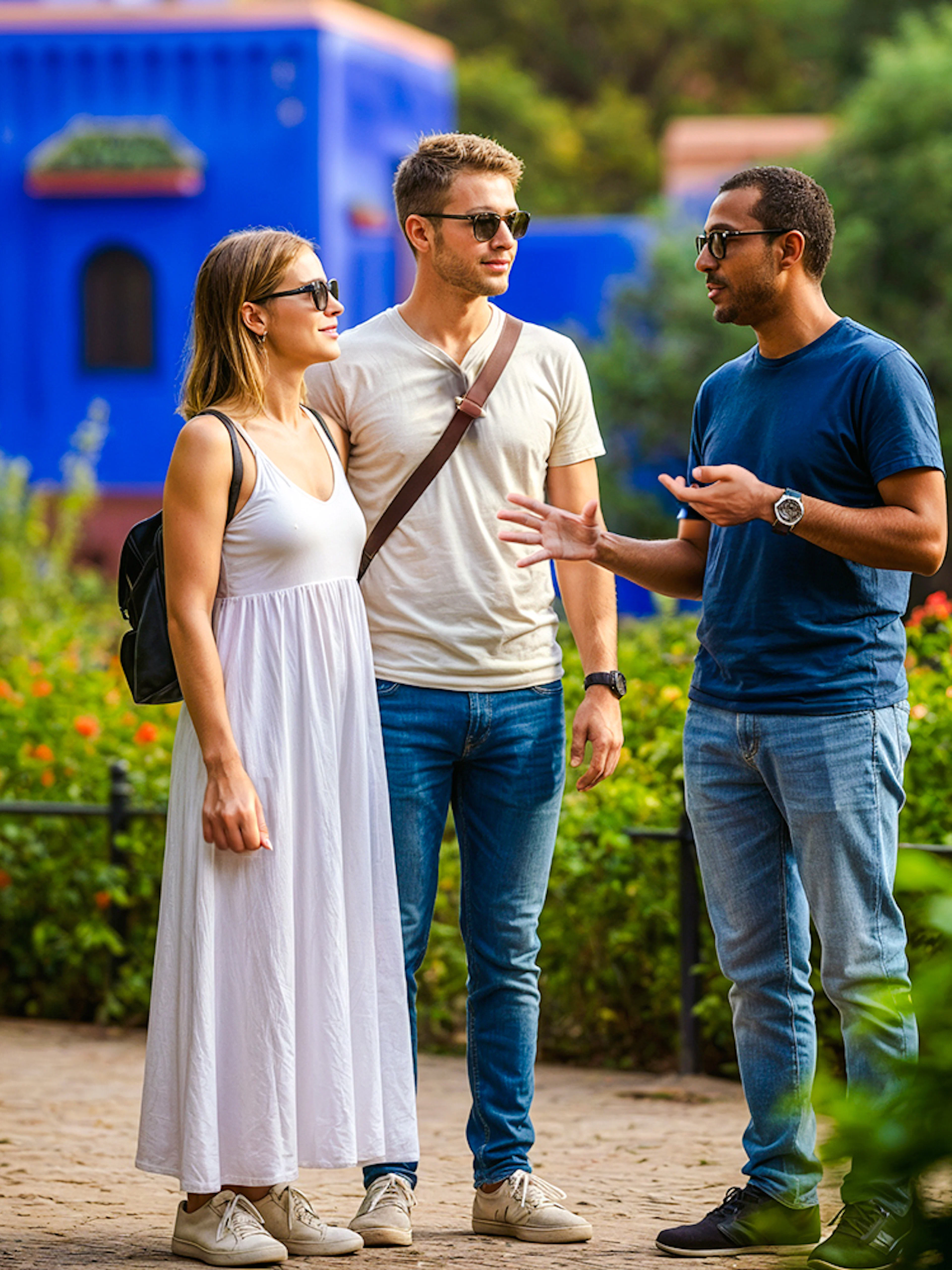 Guide explaining to tourists in Jardin Majorelle, Marrakech.