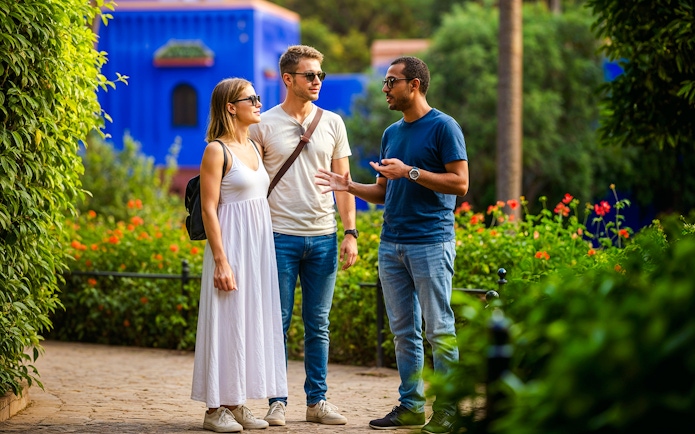 Guide explaining to tourists in Jardin Majorelle, Marrakech.