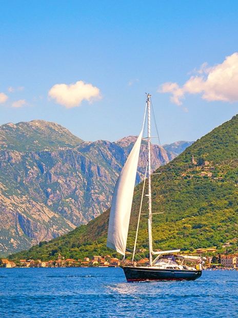 Catamaran sailing near coastal mountains on a full day cruise.