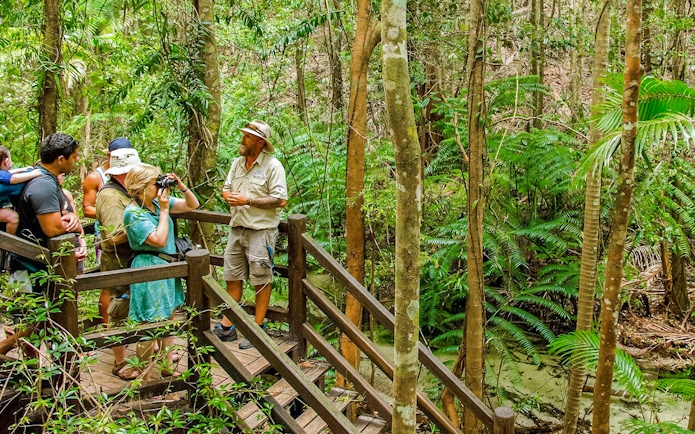 Guided forest walk on K'gari, Fraser Island with tourists and guide on wooden path.