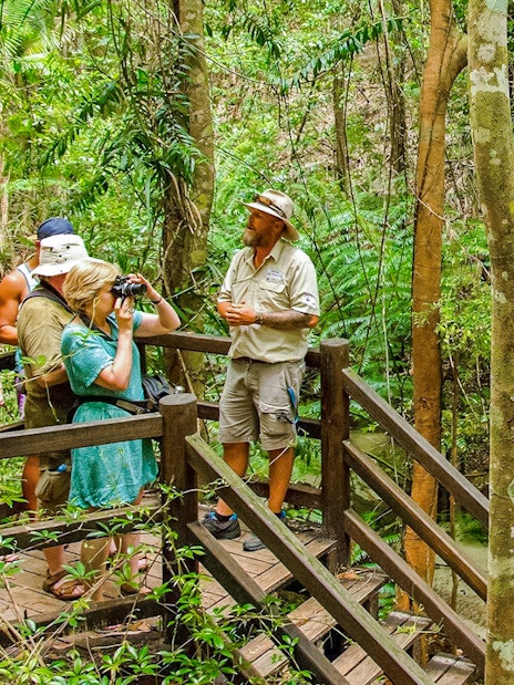 Guided forest walk on K'gari, Fraser Island with tourists and guide on wooden path.