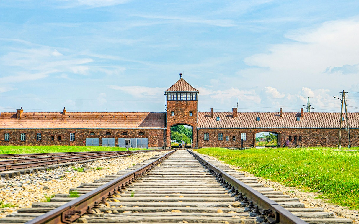 Rail tracks leading to Auschwitz Birkenau entrance, Poland.