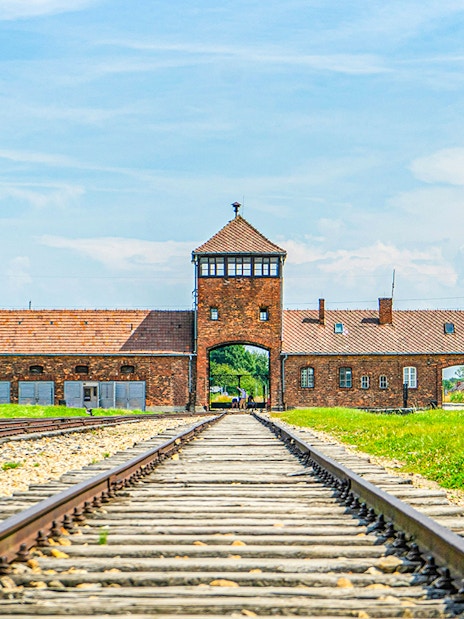 Rail tracks leading to Auschwitz Birkenau entrance, Poland.