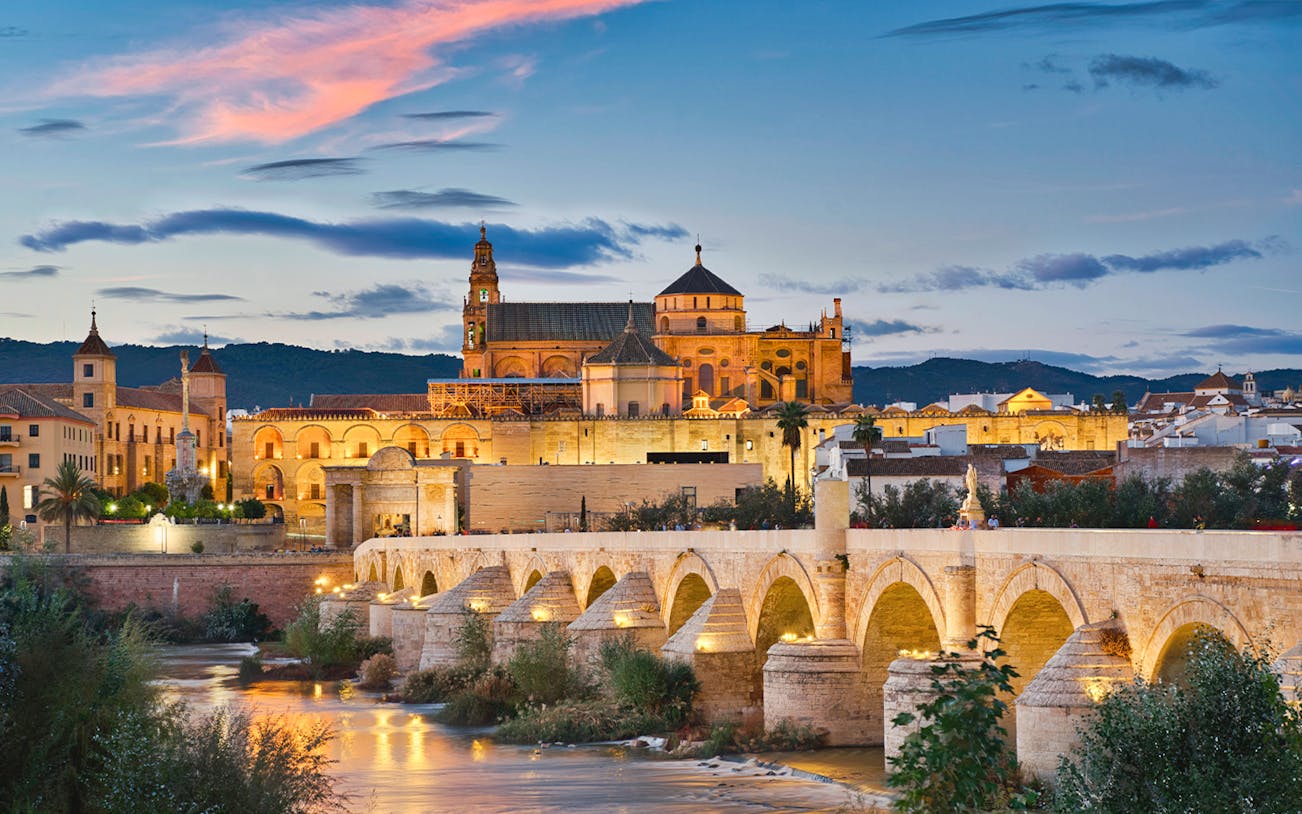 Nightfall view of Córdoba's Roman Bridge and Mosque-Cathedral during a small group walking tour.