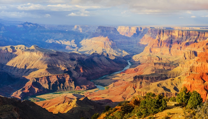 Grand Canyon view from South Rim, Arizona with Colorado River visible below.
