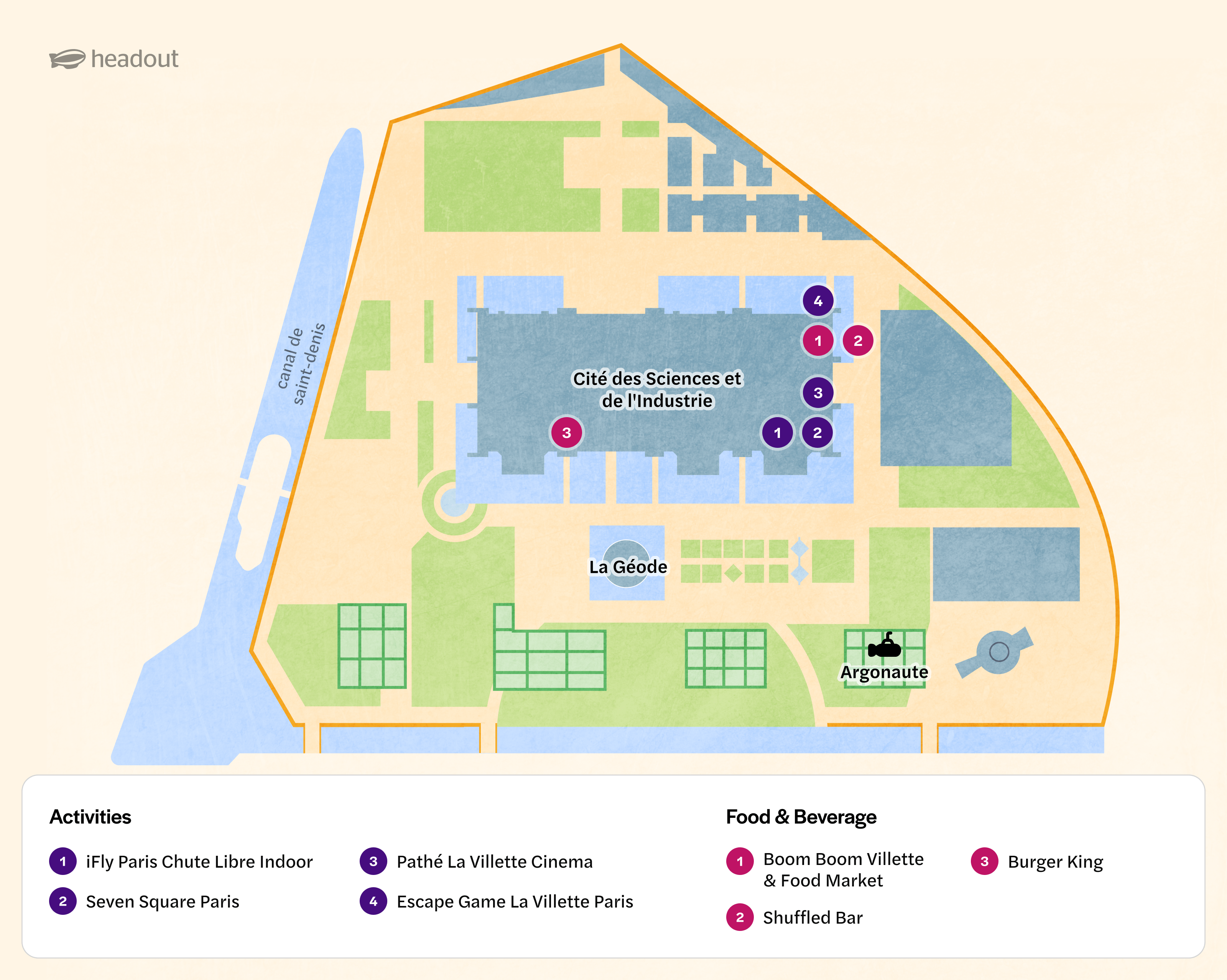 Science & Industry Museum map highlighting activities and food locations in Paris.