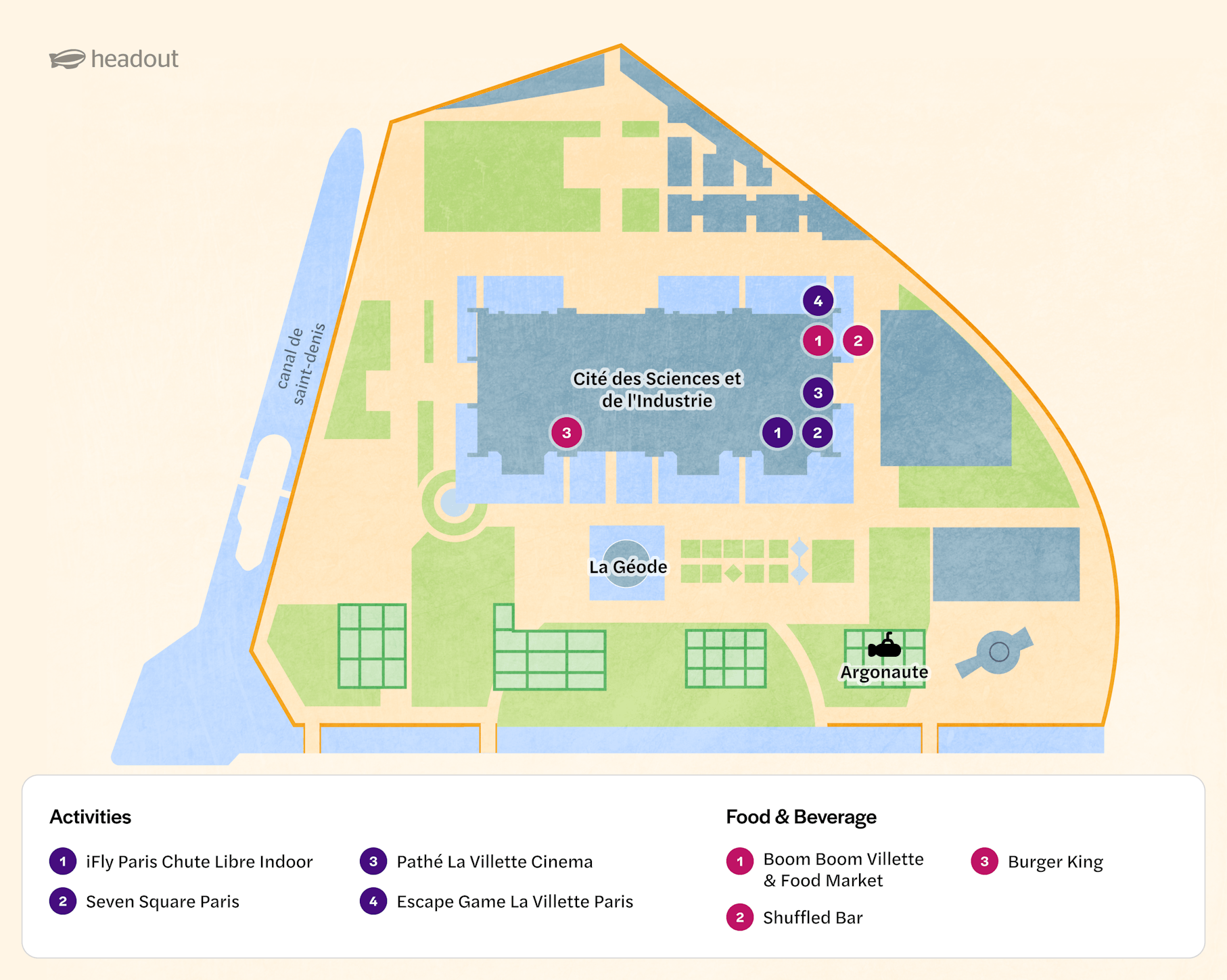 Science & Industry Museum map highlighting activities and food locations in Paris.