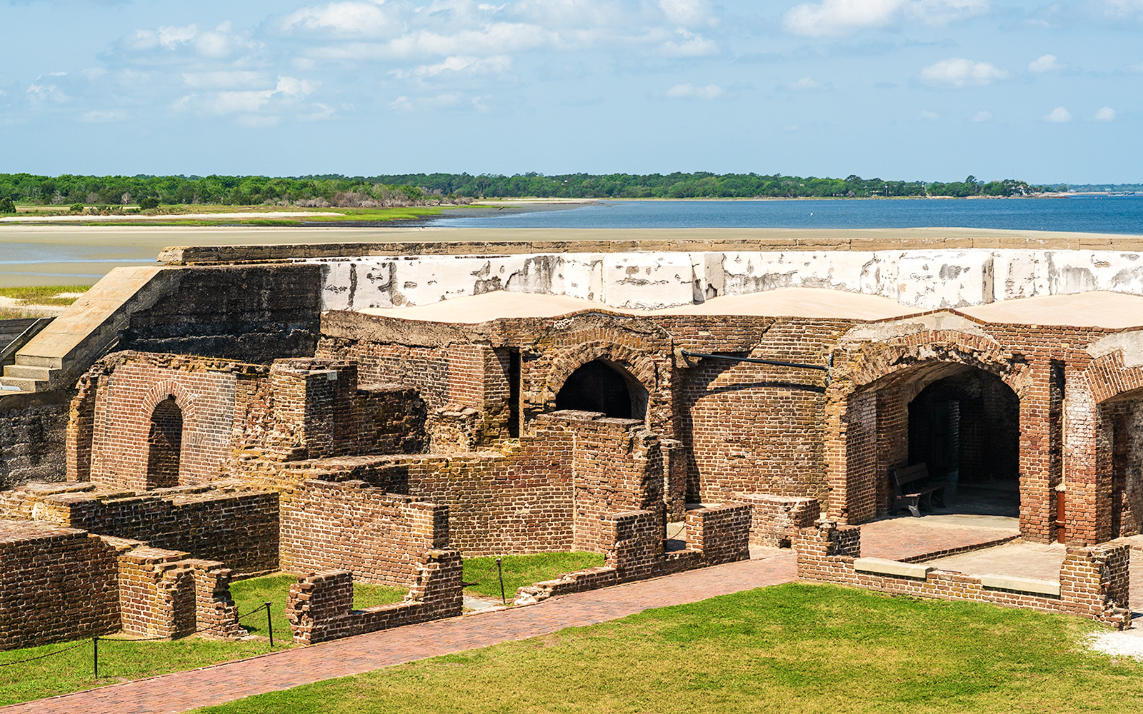 Fort Sumter National Monument brick ruins with ocean view in Charleston, South Carolina.