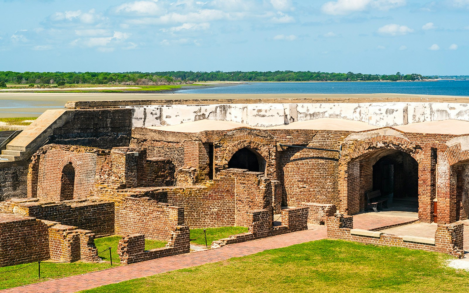 Fort Sumter National Monument brick ruins with ocean view in Charleston, South Carolina.