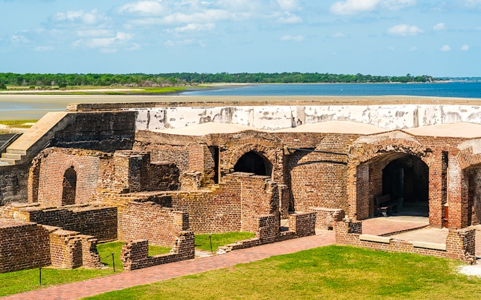 Fort Sumter National Monument brick ruins with ocean view in Charleston, South Carolina.