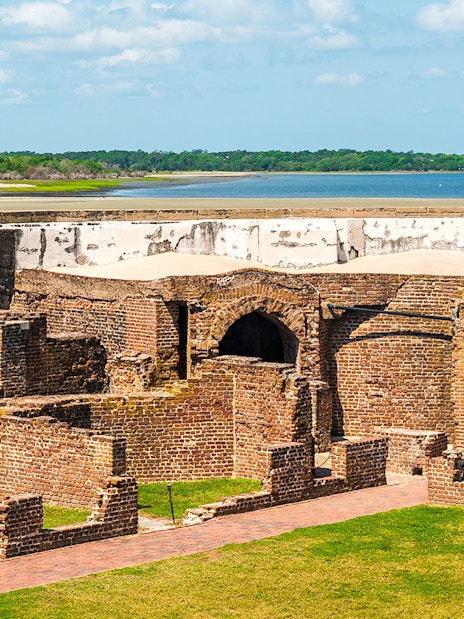 Fort Sumter National Monument brick ruins with ocean view in Charleston, South Carolina.