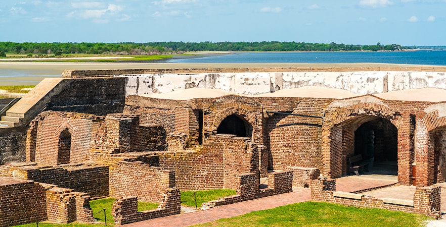 Fort Sumter National Monument brick ruins with ocean view in Charleston, South Carolina.