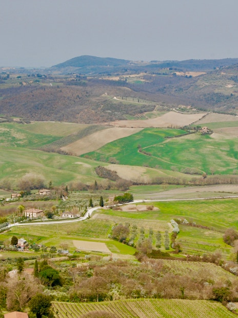 Rolling hills and vineyards in Tuscany, Italy, viewed from a distance on a clear day.
