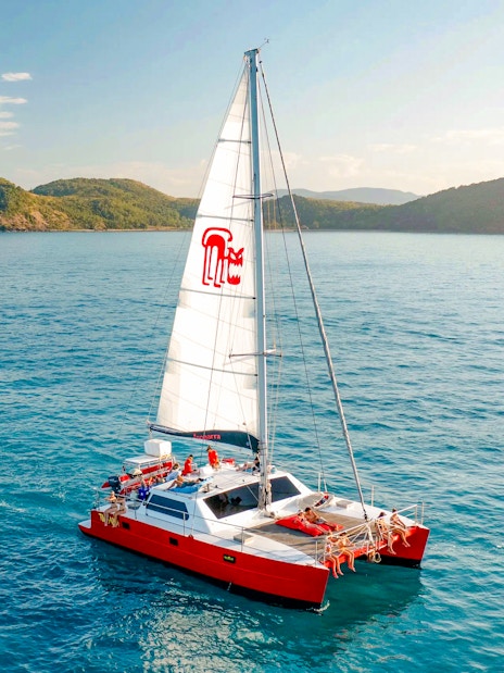 Catamaran sailing in the Whitsundays with lush islands in the background.