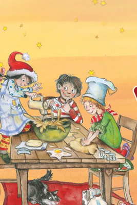 Children baking at a table with Christmas decorations, promoting "The Christmas Bakery" musical in Stuttgart.