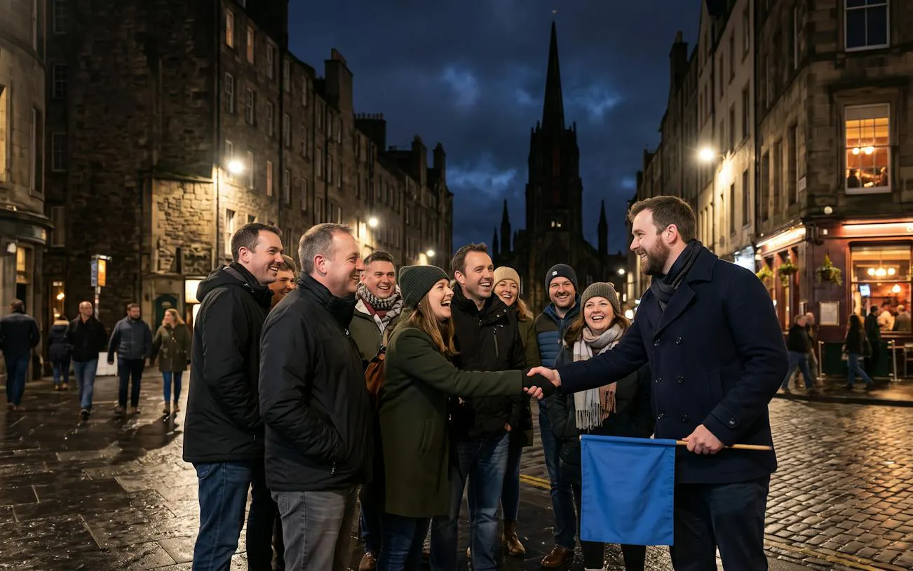 Group on Edinburgh True Crime Walking Tour at night, guide holding blue flag.