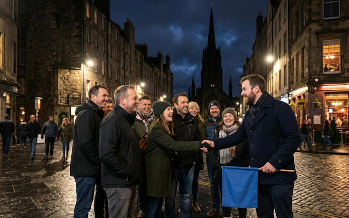 Group on Edinburgh True Crime Walking Tour at night, guide holding blue flag.
