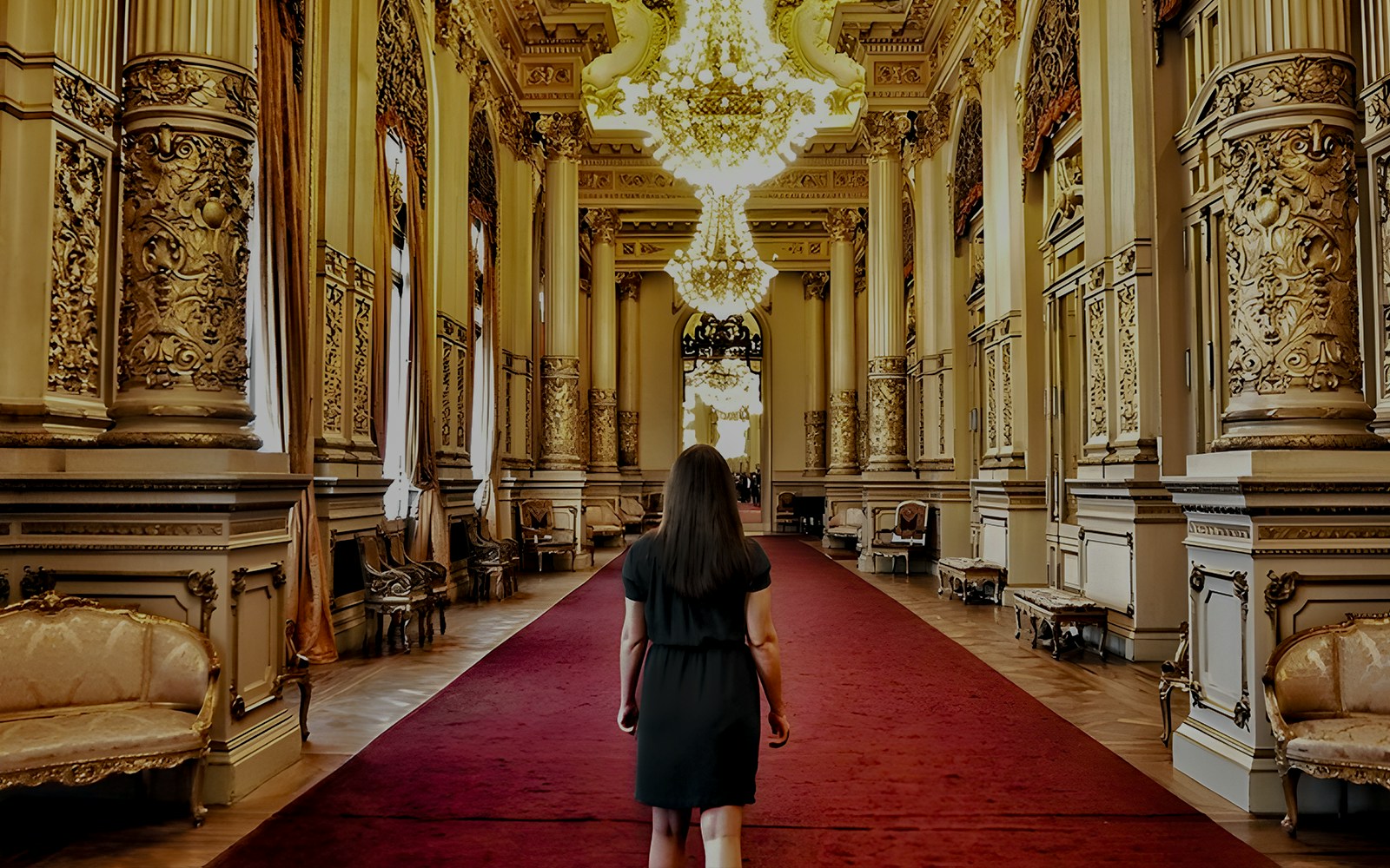 Teatro Colon interior with ornate columns and chandeliers, Buenos Aires.