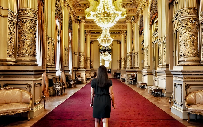 Teatro Colon interior with ornate columns and chandeliers, Buenos Aires.