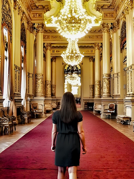 Teatro Colon interior with ornate columns and chandeliers, Buenos Aires.