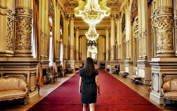 Teatro Colon interior with ornate columns and chandeliers, Buenos Aires.