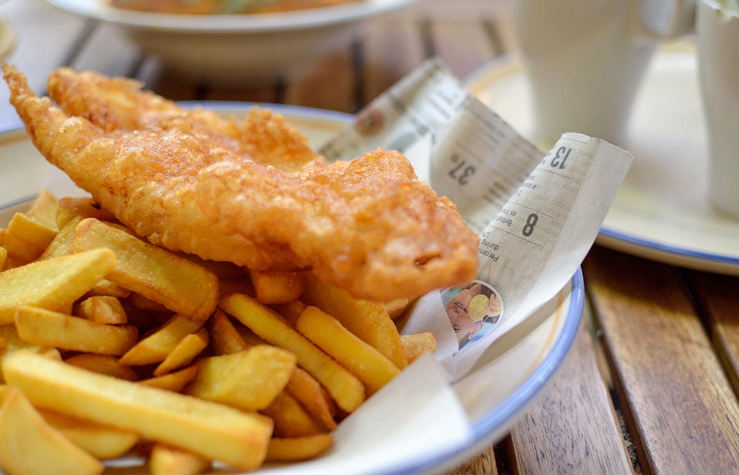 Fish and chips served on a plate at Marina Bay Sands SkyPark.