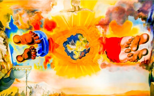 Surreal painting with vibrant colors at the Dalí Museum, featuring abstract figures and celestial elements.