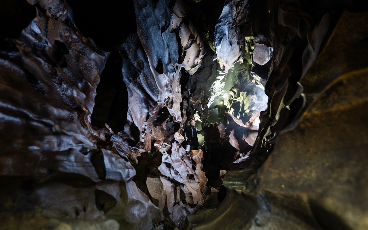 Exploring Okohua Glowworm Cave on the Waitomo Experience tour.