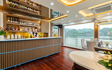 Bartender mixing drinks at Hercules premium bar with scenic view of Ha Long Bay.