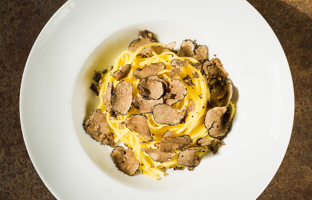 Truffle pasta dish served in a restaurant in Rome, Italy.