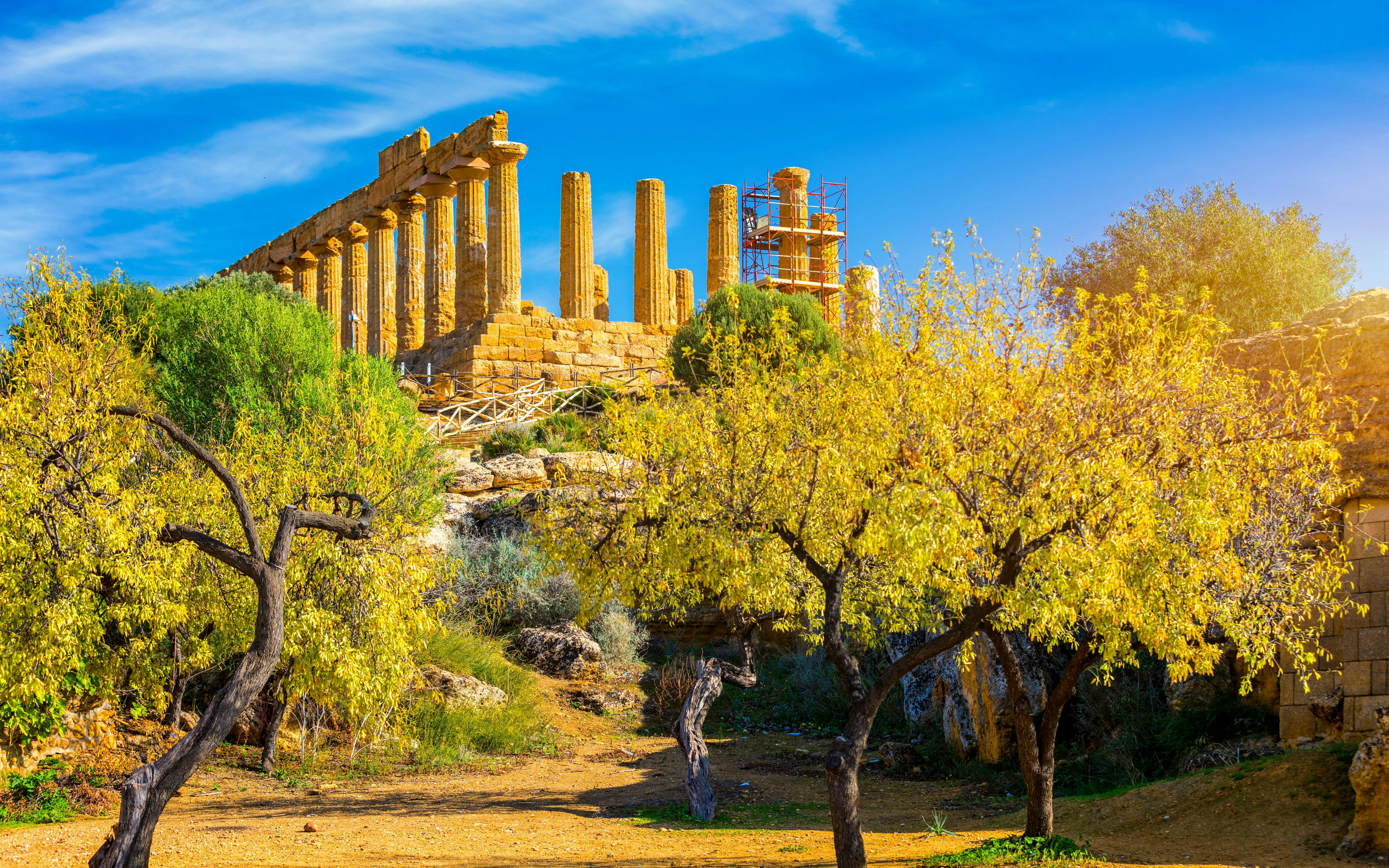 Ancient Greek temple ruins surrounded by trees in Valley of the Temples, Agrigento, Sicily.