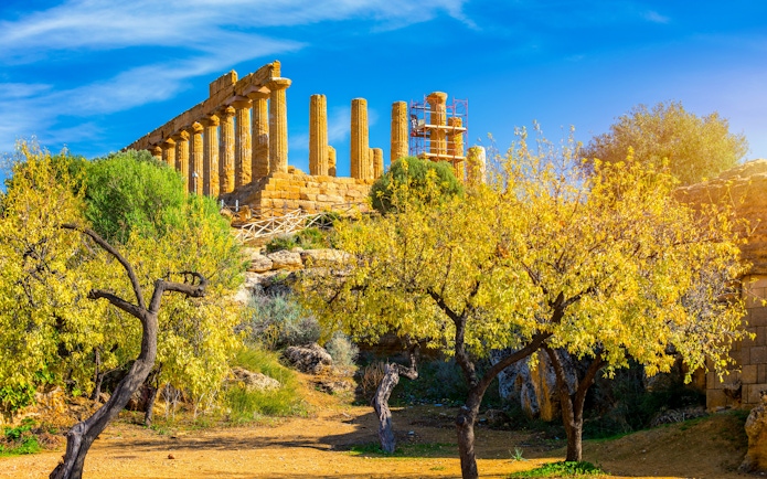 Ancient Greek temple ruins surrounded by trees in Valley of the Temples, Agrigento, Sicily.