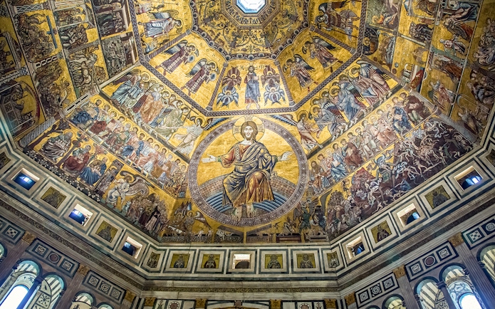 Florence Cathedral dome interior with detailed mosaics and religious figures.