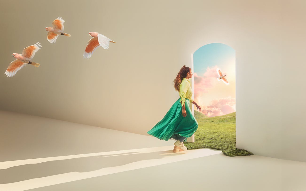 Person walking through a doorway into a vibrant landscape with birds, related to The Magic Flute at Sydney Opera House.