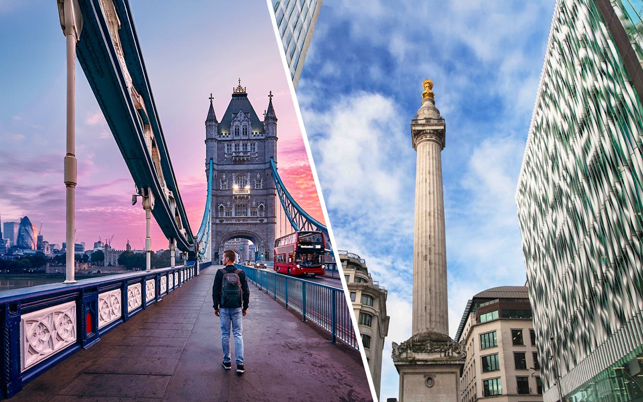 Tower Bridge and Monument to the Great Fire of London in a combo tour.