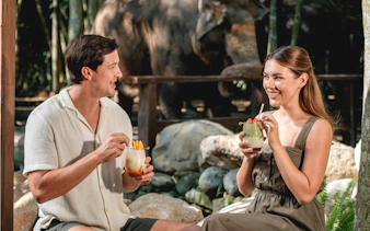 Couple enjoying drinks with elephants in the background at Elephant Explorer Bali.