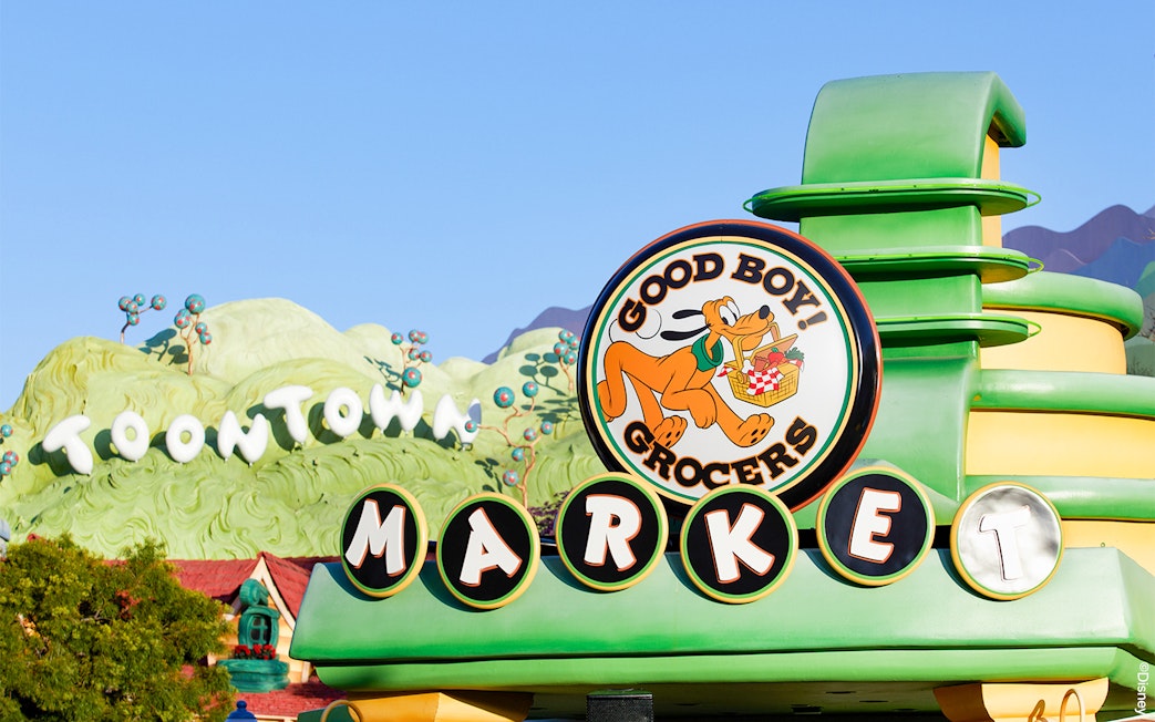 Good Boy Grocers Market sign in Toontown, Disneyland Park, California.