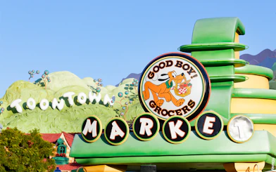 Good Boy Grocers Market sign in Toontown, Disneyland Park, California.