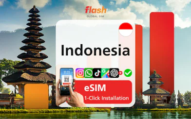 Indonesia eSIM with 1-click installation, featuring Jakarta's iconic temple backdrop.