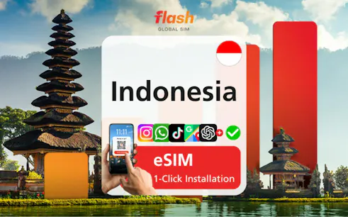 Indonesia eSIM with 1-click installation, featuring Jakarta's iconic temple backdrop.