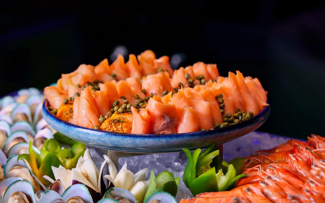 Salmon and capers on a platter at ARAS Revolving Restaurant buffet, KL Tower.