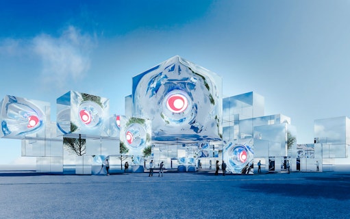 Mirrored Body® pavilion at Expo 2025 Osaka with reflective cubes and visitors.