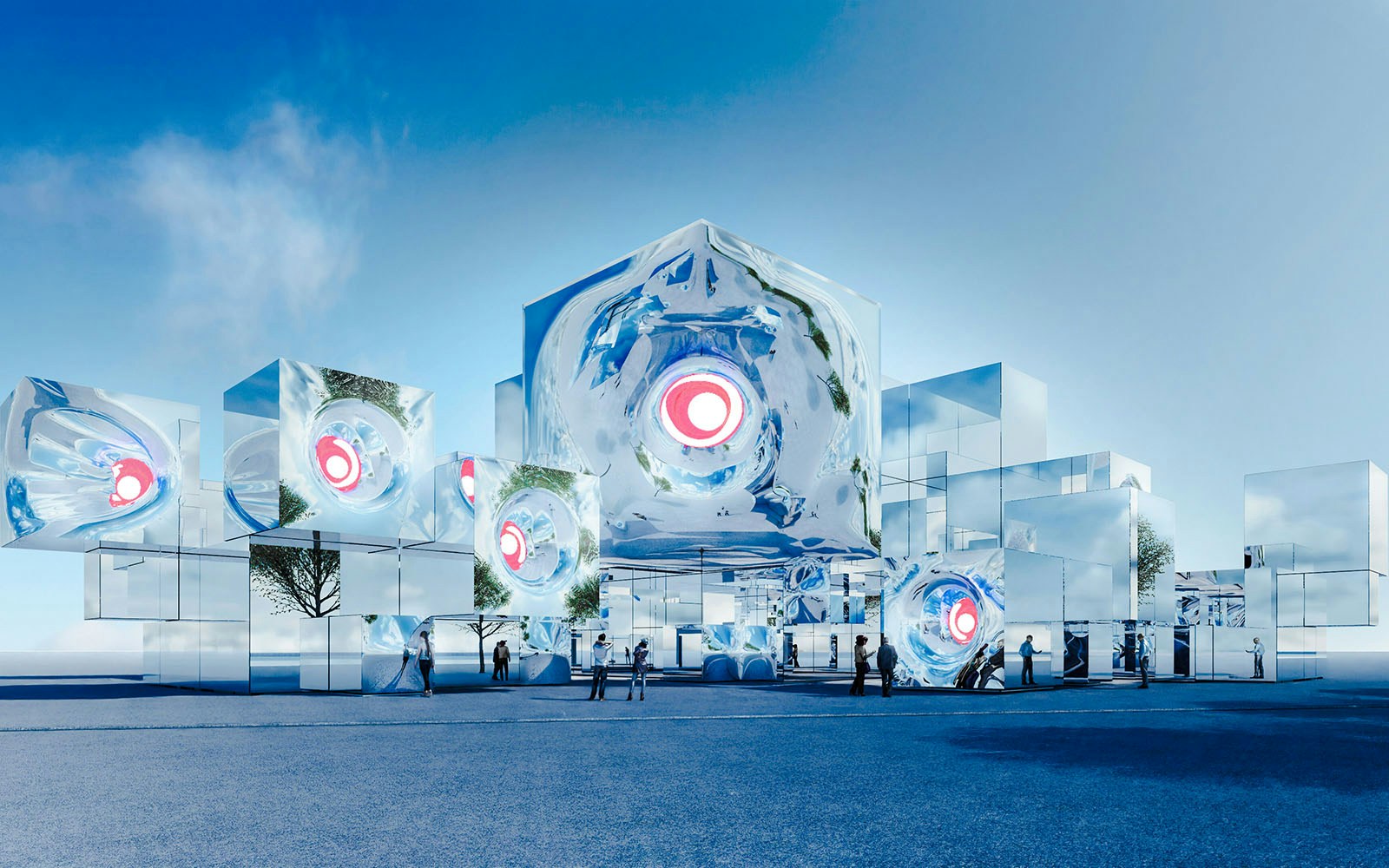 Mirrored Body® pavilion at Expo 2025 Osaka with reflective cubes and visitors.