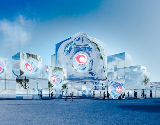 Mirrored Body® pavilion at Expo 2025 Osaka with reflective cubes and visitors.