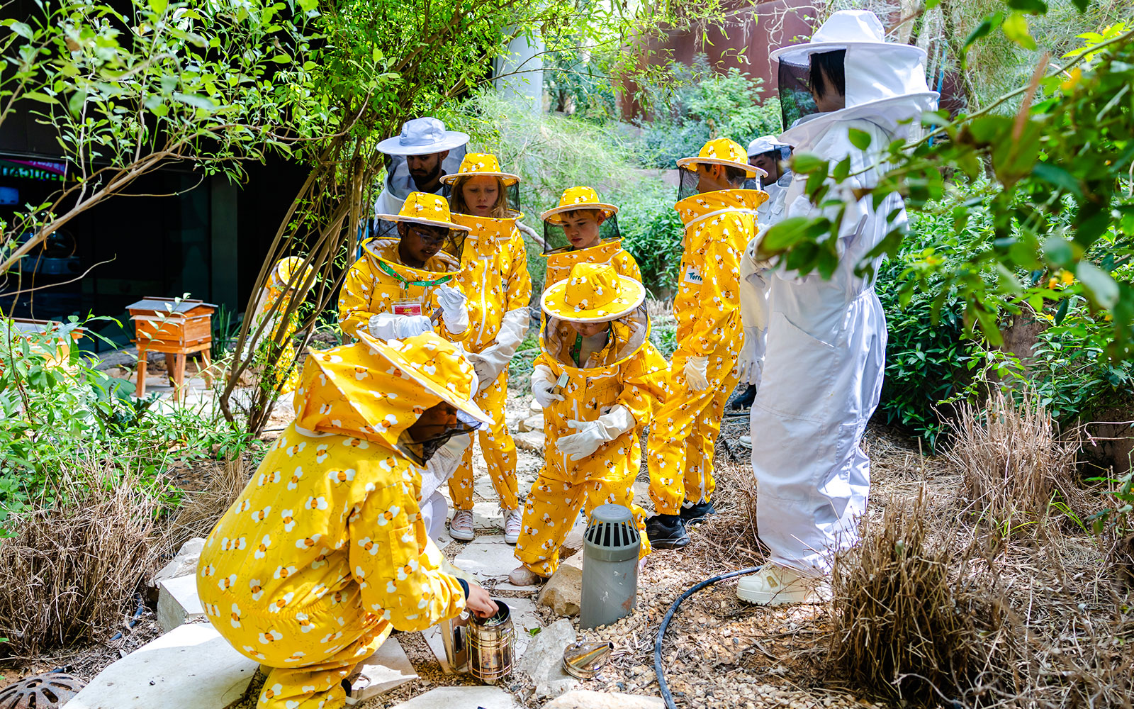 Group in beekeeping suits learning about bees at Terra, Expo City Dubai.